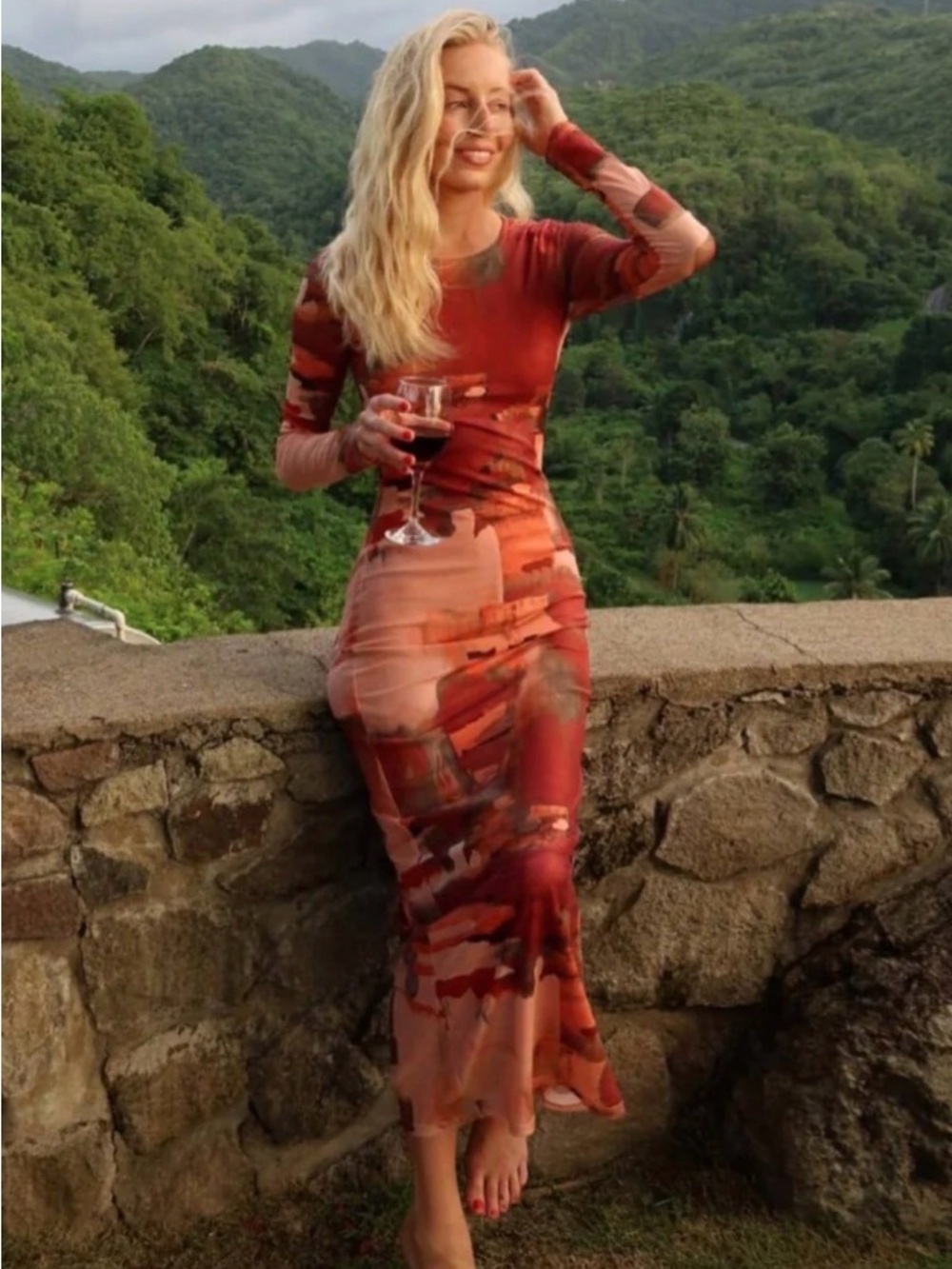12th Tribe Red Multi-Tone Long Sleeve Bodycon Maxi Dress